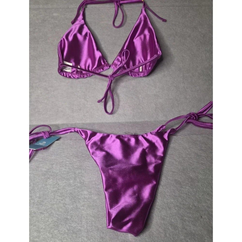CUPSHE Satin Purple Triangle String 2pc Bikini Set Womens Sz M Tie Side Halter